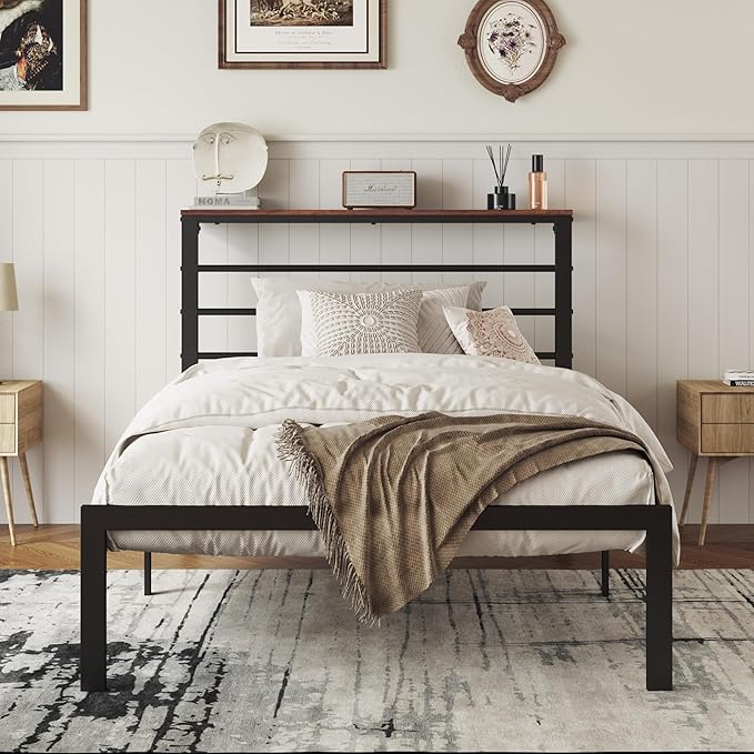 MUTICOR Heavy-Duty Twin Metal Platform Bed Frame with Shelf Headboard, No Box Spring Needed, Easy Assembly, Brown Shelf