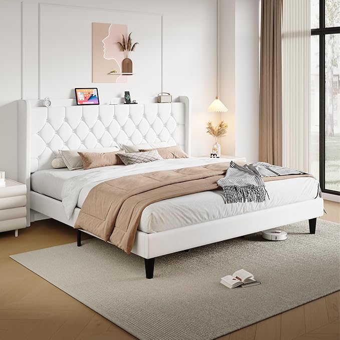 SHA CERLIN King Size Platform Bed Frame with Charging Station, Velvet Wingback Headboard with Storage Shelf, Wooden Slats Support, Ample Under-Bed Space, No Box Spring Needed, Easy Assembly, White
