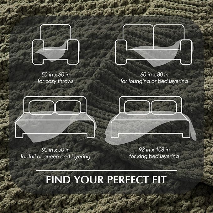 EVERGRACEHOME Chunky Chenille Knit Throw Blanket for Couch, Soft Luxurious Oversized King Moss Stitch Blanket for Bed, Large Cozy Farmhouse Knitted Throw for Sofa, Olive Green, 92" x 108"