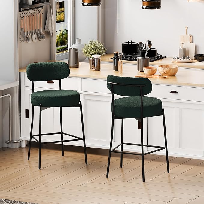 DYHOME Bar Stools Set of 2, Green 28 Inches Counter Height Kitchen Stools, Modern Upholstered Boucle Barstools with Back & Footrest Metal Legs, Stools for Kitchen Island, Counter, Cafes, Dining Room