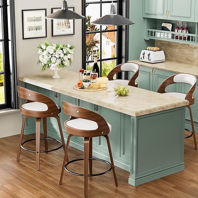 Bar Stools Set of 4, 26" Counter Height Barstools with Bentwood Legs, Swivel Counter Stools with Back, Mid Century Modern Faux Leather Upholstered Bar Chairs for Kitchen Island, White