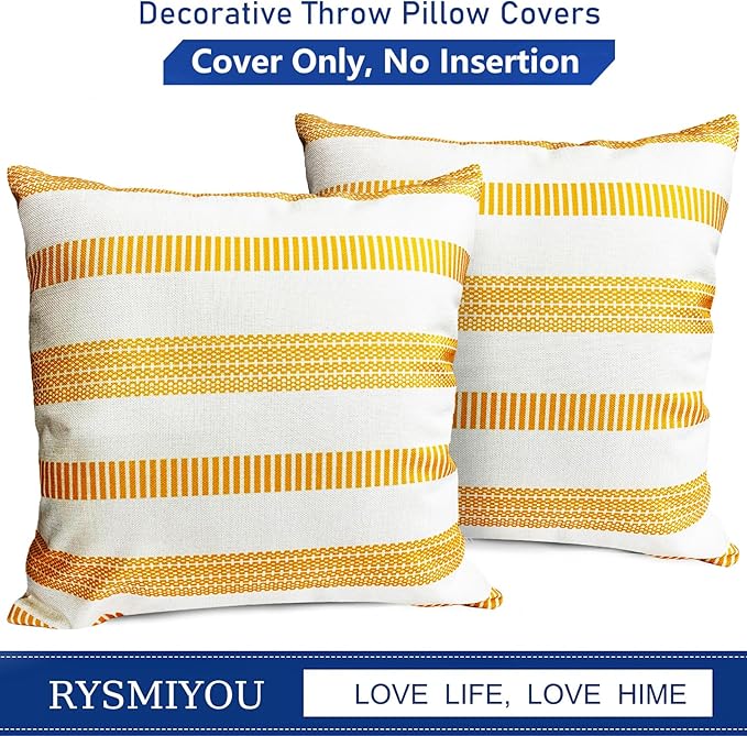 Decorative Throw Pillow Covers Set of 2 Chrome Yellow Boho Striped Pillow Covers 22x22 Inch Throw Pillow Cover Linen Pillowcase Farmhouse Outdoor Pillow Covers for Couch Sofa Living Room