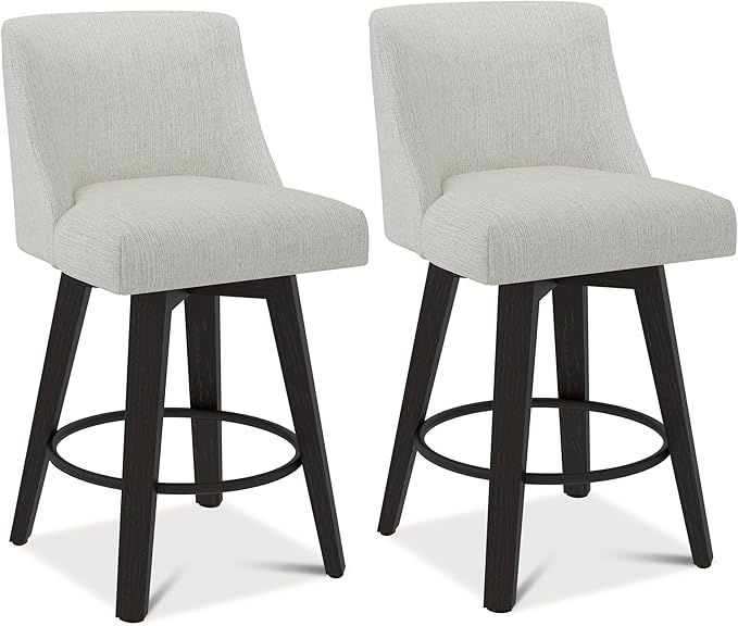 Counter Height Swivel Bar Stools Set of 2, 26" Seat Height Modern Bar Stools with Back and Solid Wood Legs for Kitchen Island, Fabric in Ivory White