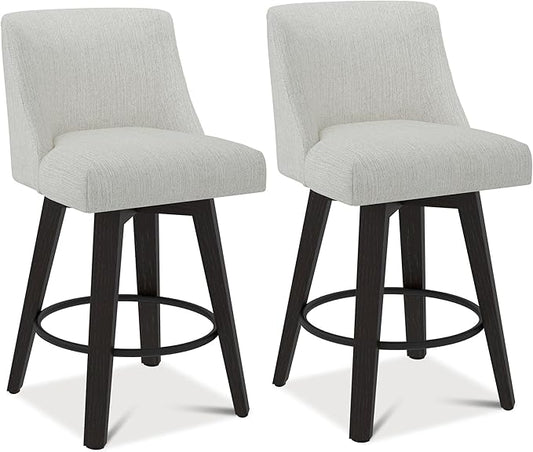 Counter Height Swivel Bar Stools Set of 2, 26" Seat Height Modern Bar Stools with Back and Solid Wood Legs for Kitchen Island, Fabric in Ivory White