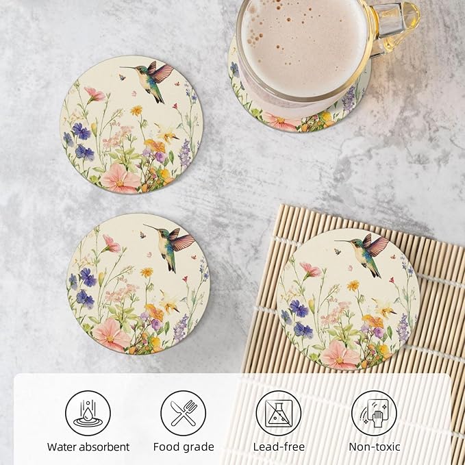 Watercolor Spring Hummingbird Coasters for Drinks Absorbent Ceramic Coaster Set of 4 for Coffee Table Cup Bar Desk Round Coasters Mat with Cork Base Seasonal Home Decors