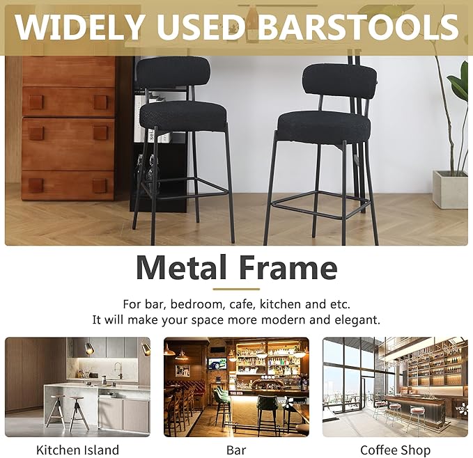 DYHOME Bar Stools Set of 6,Black 28 inch Counter Height Bar Stools with Curved Back, Boucle Fabric & Metal Frame Barstools for Kitchen Island, Modern Bar Chairs Set for Kitchen Counter