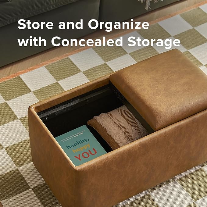 mopio Levi Storage Bench with Reversible Tray, Modern Storage Coffee Table, Bedroom Bench, Rectangular Cube Upholstered Coffee Table Ottoman for Living Room, Bedroom (Faux Leather, Pecan Brown)