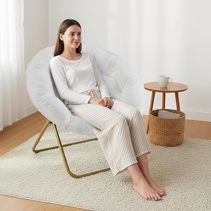 NEWBULIG Comfy Saucer Chairs Soft Lounge Cute Folding Bedroom Living Room Seat Flexible Reading Foldable Seating for Adults Thick Padded Metal Frame Modern for Home Office White