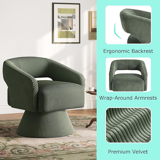 LINSY Swivel Barrel Chair, 360° Modern Swivel Accent Chair with Arms, Boucle Swivel Chair Green Corduroy Chairs for Bedroom Living Room Small Spaces