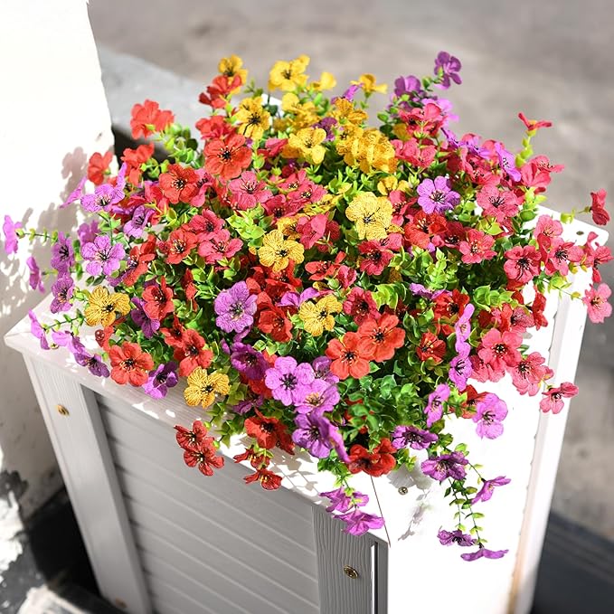 Artificial Flowers Faux Plants Outdoor Fake Flowers Spring Decor,12 Bundles Outdoor Flower Plastic Plant Colorful Daisy UV Resistant for Porch Patio Yard Garden Pot Planters