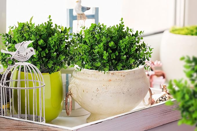 RECUTMS 12 Bundles Artificial Bushes Greenery Plants Stems Faux Shrubs Boxwood Plants Outdoor UV Resistant Fake Eucalyptus for Farmhouse Home Office Wedding Patio Backyard Indoor Outdoor Decor(Green)