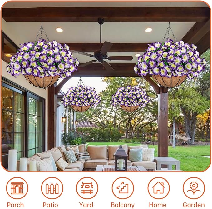 Artificial Hanging Flowers Basket, Fake Plants, Faux Silk Petunias Eucalyptus, for Spring Summer Outdoor Decoration, UV Resistant, Coconut Planter wtih Morning Glories, for Patio Garden Decor (Pruple)
