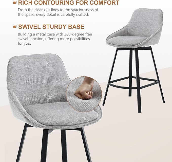 Zesthouse Swivel Bar Stools Set of 3, Modern Counter Height Barstools with Backs, 26'' Upholstered Linen Fabric High Chairs for Island Kitchen, Counter Height Chairs with Metal Legs, Grey