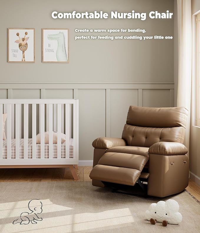 GarveeHome Oversized Rocker Swivel Recliner Chair - PU Leather Extra Wide Manual Recliner for Adults, Large Lazy Chair with 1.5X Sponge Comfort Arm and Back for Living Room, Bedroom