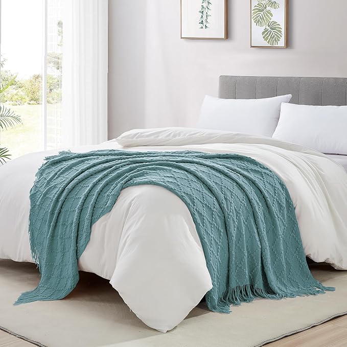 BOURINA Blue Throw Blanket 50 x70 Inches Jacquard Argyle Throw Textured Solid Soft Throws and Blankets for Sofa or Bed Knitted Decorative Blanket