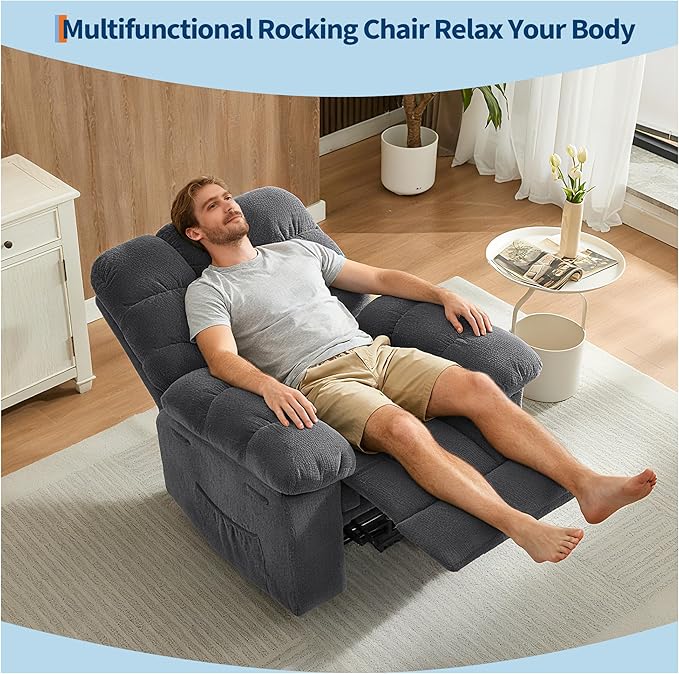 Oversized Rocker Recliner Chair for Adult, Ergonomic Nursery 150° Recliner Chair with Footrest,Extra Wide Manual Recliners,Upholstery Overstuffed Soft Rocking Sofa Chair,Grey