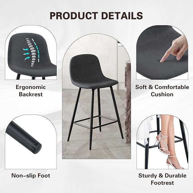 Modern Bar Stools Set of 2,Grey Techno-Fabric Counter Height Bar Stools,24.6" Bar Chairs with Back Metal Footrest,Modern Counter Stool with Back and Footrest for Kitchen Island Restaurants Pubs