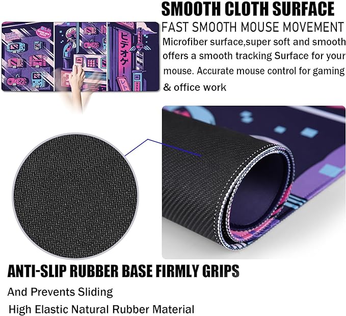 Japanese Comic Large Gaming Mouse Pad with Stitched Edges, Durable Non-Slip Natural Rubber Base, (31.5X15.7 Inch) Waterproof Laptop Pad Mat for Esports Pros/Gamer/Desktop/Office/Home