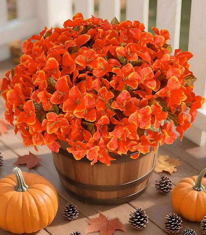 Ivydale Artificial Fall Flowers for Outdoors, 4 Bundles Faux Silk Bougainvillea Flower Plants Fake Outdoor Flowers for Planter Patio Porch Window Garden Home Decoration, Fall Orange