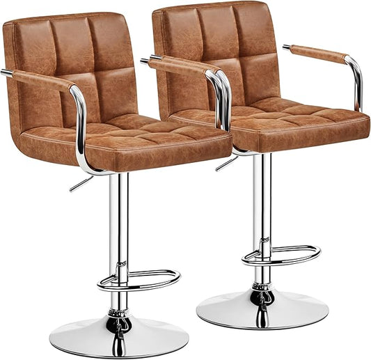 Yaheetech Bar Stools Set of 2, PU Leather Adjustable Swivel Barstools, Hydraulic Kitchen Counter Height Bar Chairs with Armrest and Back for Kitchen, Dining Room, Retro Brown
