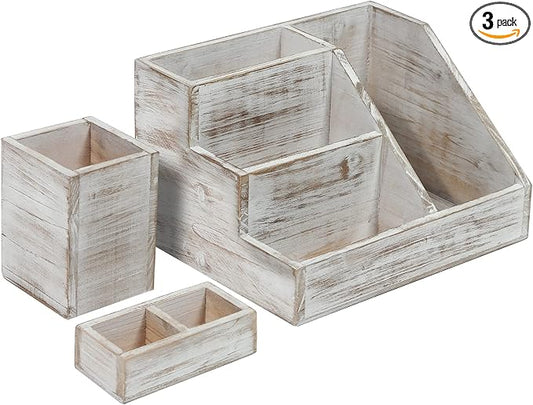 HBCY Creations Rustic Wooden Desk Organizer Set, 3-Piece Whitewashed Mail Organizer for Desktop - Great for Rustic or Industrial Home Decor