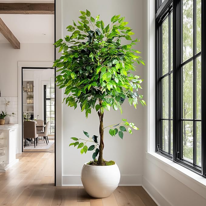 6ft Artificial Ficus Tree for Home Decor, Faux Silk Plants Faux Plant Fake Silk Trees with Pot for Indoor House Living Room Office Garden