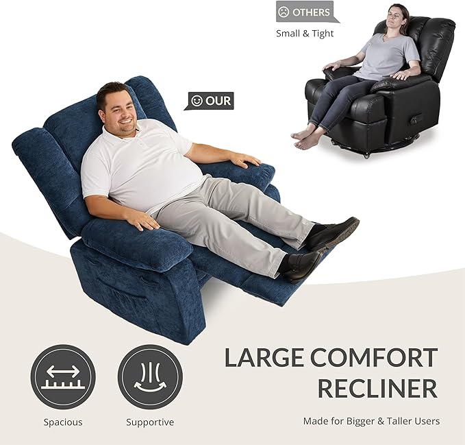 Velvet Rocker Recliner for Adults, Overstuffed Manual Recliner Chair with Spring Cushion, Rocking Chair with Side Pockets, Nursery Glider Recliner Single Sofa for Living Room (Medium, Blue)