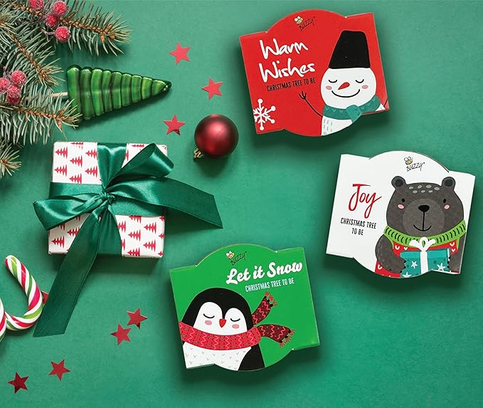 BUZZY Seeds Kids Holiday Mini Spruce Kit, 12-Pack Terracotta Pots with Bear, Penguin and Snowman Designs, All-in-One Tree Seed Starter Set, Stocking Stuffer, Children's, Party Favor