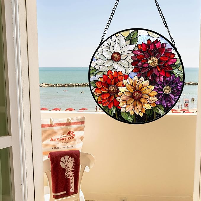 Stained Glass Window Hanging, Colorful Flowers Sun Catcher for Window Door Home Decor Plant Suncatcher Christmas Mother's Day Birthday Gifts for Women Men Mom and Nana 7.8 in