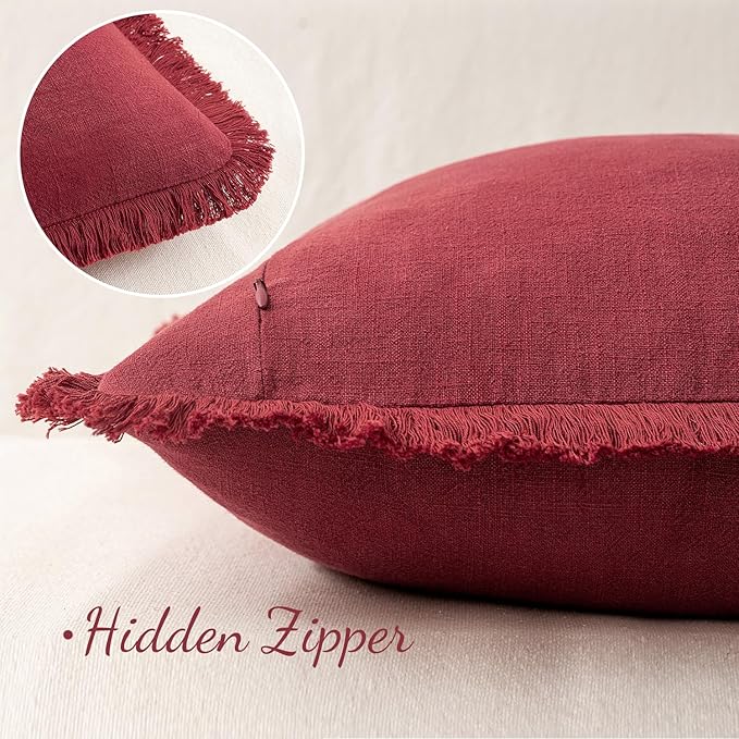 MIULEE Linen Pillow Covers 18x18 Inch Decorative Throw Pillows with Fringe Pack of 4 Soft Farmhouse Boho Couch Pillows Home Decors for Sofa Cushion Living Room Bed Dark Green and Burgundy