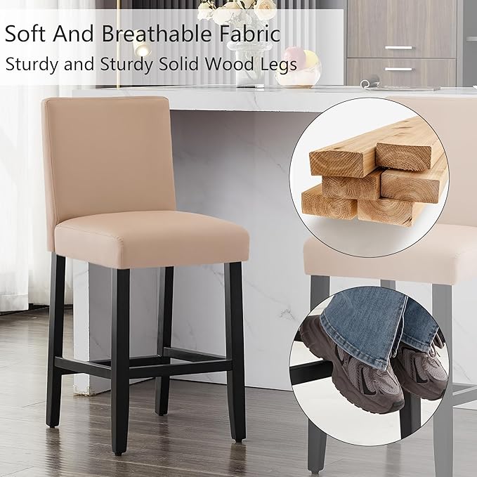 26'' Faux Leather Bar Stools Set of 3, Modern Upholstered Bar Chairs with Back, Soild Wood Legs Barstools for Kitchen Island, Light Brown