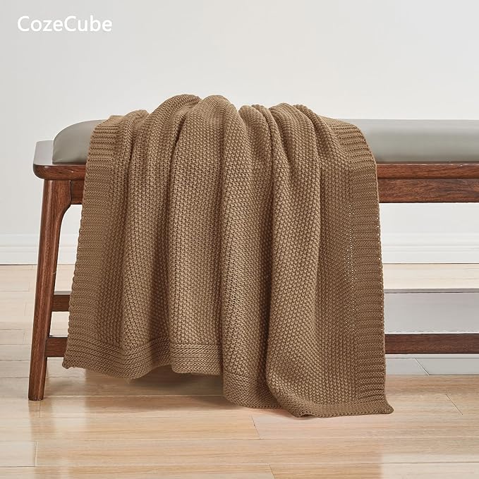 CozeCube Caramel Brown Throw Blanket for Couch, Soft Cozy Cable Knit Throw for Bed Sofa Living Room, Lightweight Warm Decorative Farmhouse Christmas Blanket, 60"x80", Light Brown
