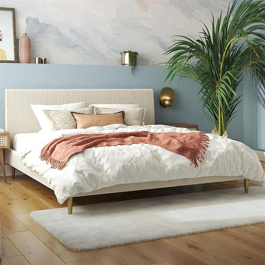 Mr. Kate Daphne Upholstered Bed with Vertical Channel Tufted Headboard, King, Ivory Velvet