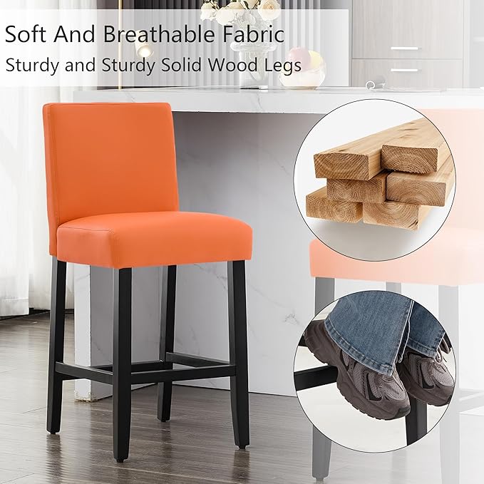 26'' Faux Leather Bar Stools Set of 4, Modern Upholstered Bar Chairs with Back, Soild Wood Legs Barstools for Kitchen Island, Orange