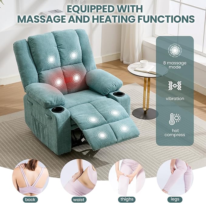 Manual Recliner Chair with Heating & Massage,Ergonomic Overstuffed Breathable Fabric Reclining Chair with Side Pockets,Q235 Steel Frame Lazy Boy Recliner Single Sofa for Living Room Bedroom