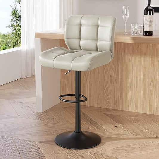 Modern Bar Stools, Faux Leather Upholstered Swivel Bar Stools, Adjustable Counter Height Bar Chairs with High Back and Footrest for Kitchen Island (Khaki)