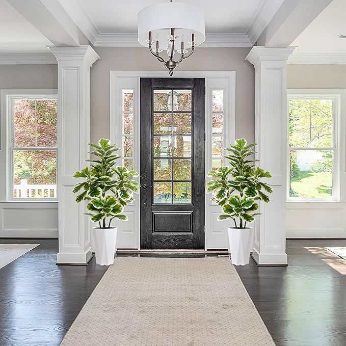 Artificial Fiddle Leaf Fig Plant Indoor 5FT Faux Rubber Tree with White Diamond Planter Tall Fake Floor Plant in Pot Artificial Trees for Home Office Living Room Decor Indoor