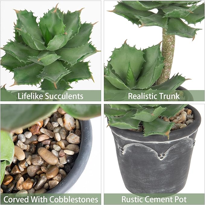 Hollyone Large Artificial Succulent Plants Fake Two-Head Succulent Agave Plant Potted 13" Faux Plant in Vintage Cement Pot Succulent Aloe Plant Indoor for Home Office Living Room Table Shelf Decor
