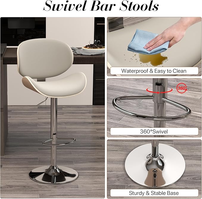 KCC Bar Stools, Swivel Adjustable Height Barstools, PU Leather Upholstered Bar Chairs with Footrest, Bentwood Bar Stool for Kitchen, Bar, Dining Room(Grey PU)
