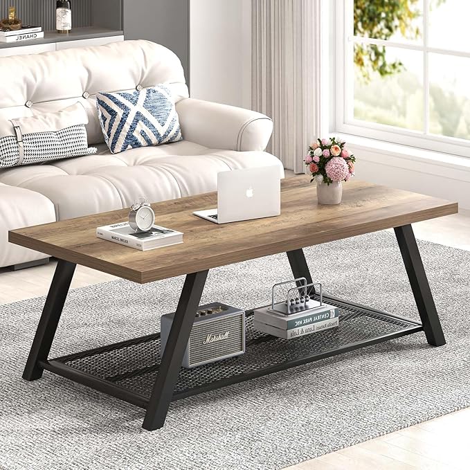 FOLUBAN Coffee Table, Modern Rustic Wood and Metal Center Table with Storage, Industrial Cocktail Tea Table for Living Room, Oak, 47 Inch