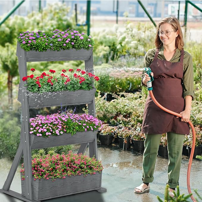 DoCred Vertical Wooden Raised Garden Bed, 4 Tier Garden Planters Freestanding Wood Plant Stand Flower Rack Wooden Planter Box for Plants Herbs Flowers Vegetables Outdoor Indoor Gardening