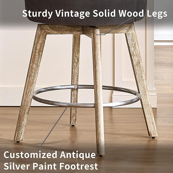 Counter Height Bar Stools,Swivel Bar Stools with Backs,Barstools Set of 4,26'' Solid Wood Legs,Thick Seat Upholstered Linen Fabric Counter Height Stools in Grey