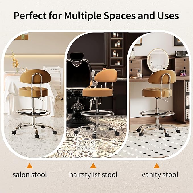 Rolling Chair (Adjustable Height 20-27 inch) (Stool with Quiet Wheels and Foot Rest) Multifunctional Nail Salon and Spa Stools (Camarel Brown)