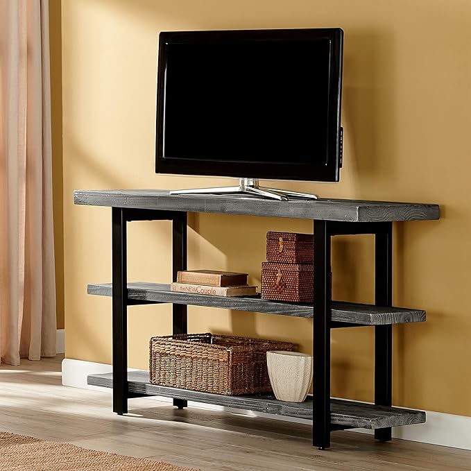Pomona 48 in. Industrial Metal & Solid Wooden Media/Console Table, Slate Gray - Home, Living Room Furniture - Featuring 3 Solid Wood Tops & Metal Legs, 16 in. D Perfect for Any Room