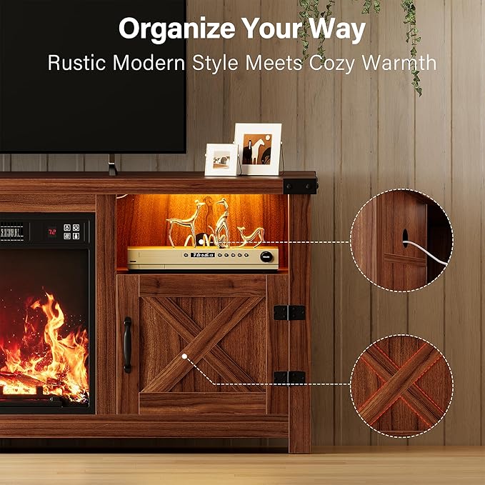 YESHOMY Fireplace TV Stand with Mood Lighting, LED TV Stand with Open Shelf, Farmhouse Media Console with Hidden Cable Routing, Entertainment Center for Televisions up to 65+ Inch, Walnut