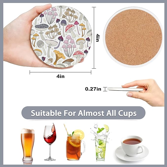 6 Pcs Coasters for Drinks with Holder,Retro Mushrooms Berries and Bugs Absorbent Coaster with Cork Backing,Great Gift for Housewarming,Room Decor,Bar,Holiday Party