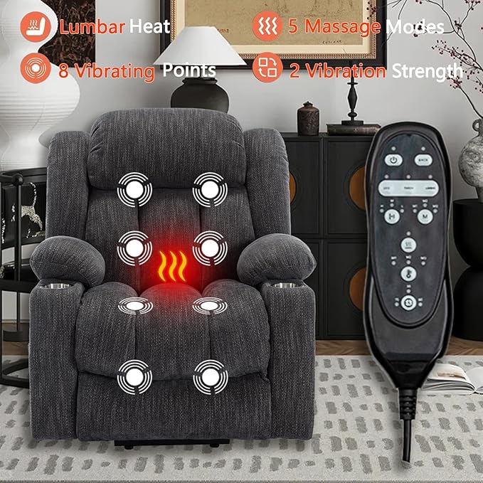 Power Lift Recliner Chair, 350lb Capacity with 8-Point Massage & Heating, USB/Type-C Ports & Cup Holders, Heavy Duty Chenille Recliner for Elderly, Grey