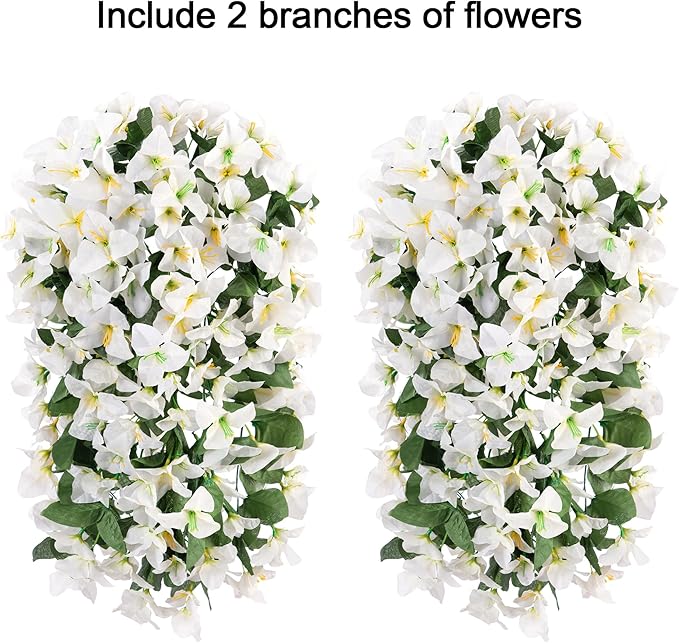 Bougainvillea Artificial Hanging Flowers Plants for Outdoors Decoration, 2pcs Fake Flowers Silk Bougainvillea Vines Realistic UV Resistant Faux Flowers for Outdoor Planters Patio Urn, White