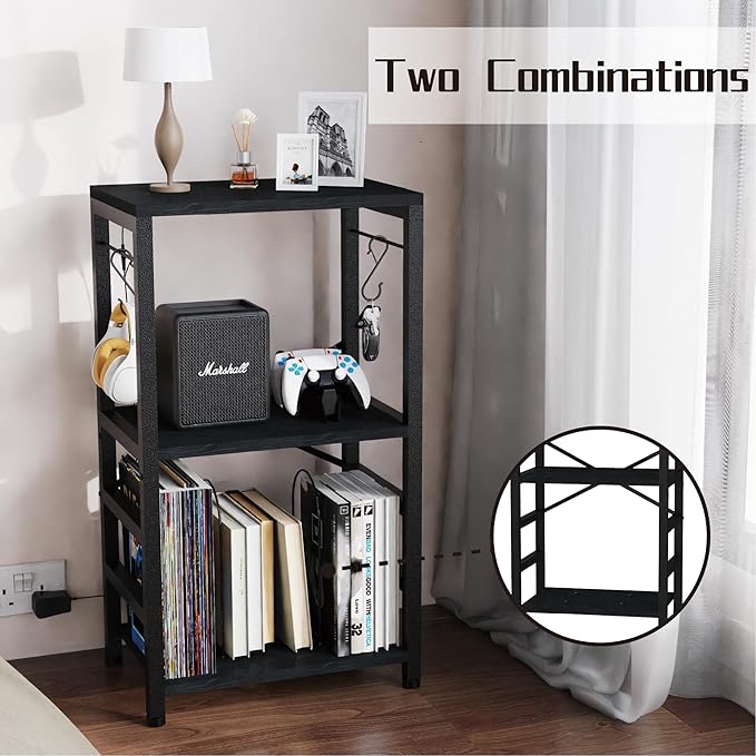 End Table with LED Light,Record Player Stand with Albums Storage,Vinyl Records Storage,Turntable Stand Side Table for Music Room Studio Living Room Bedroom-Modern Black