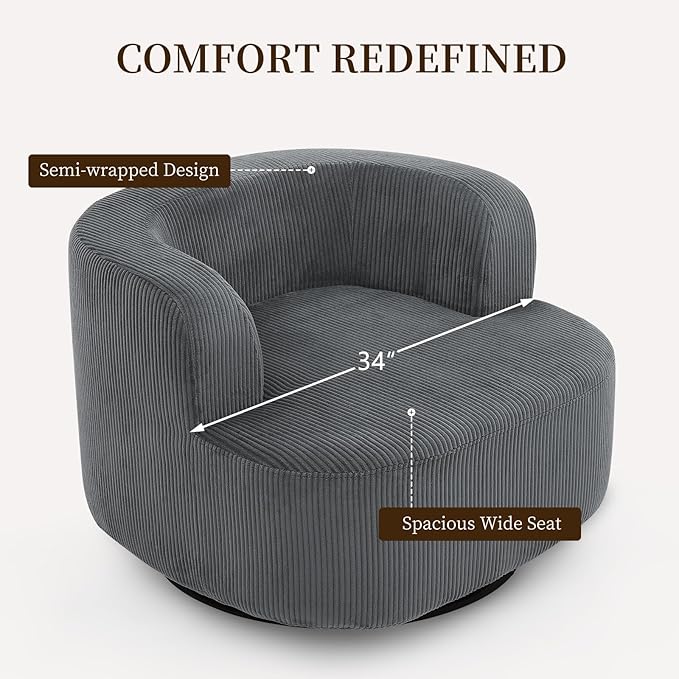 Furnimart 360° Swivel Barrel Accent Chair, Round Upholstered Comfy Lounge Chair, Corduroy High-Resilienc Foam Single Sofa, No Assembly Wide Seat for Living Room, Bedroom, Apartment (Gray)